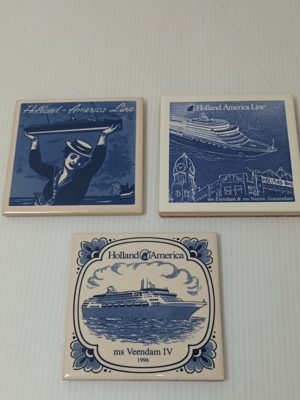 Vintage Holland America Line Decorative Tiles - Blue and White (Set of 3)